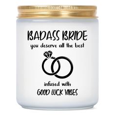 PRICES MAY VARY. 💍【BEST BRIDE GIFT FOR HER】- Printed with "Badass Bride You Deserve All the Best Infused with Good Luck Vibes" on the front of candle to make a special wedding gift for her. Surprising the bride who is getting married with this candle for no particular reason. This cute candle is a perfect gift for future bride, bride-to-be, her, newly engaged best friend, bestie, sister, sister in law, daughter in law, coworker. 💐【GIFTS FOR MANY OCCASIONS】- Let bride know how fabulous she is w Gifts For Bride To Be, Bride To Be Gifts, Special Wedding Gifts, Gifts For Bride, Bridal Shower Gifts For Bride, Coworker Gifts, Gifts For Wedding, Best Bride, Lavender Scented Candle