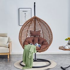 a hanging chair in the middle of a living room