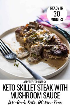 a flyer for a keto skillet steak with mushroom sauce on a white plate