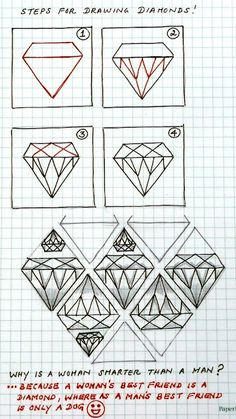 an instruction manual for how to draw diamond shapes and their corresponding features, with instructions