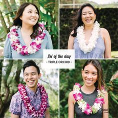 four different pictures of people with leis around their necks and the words, list of the day triple orchid