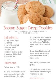 a recipe for brown sugar drop cookies on a plate next to a glass of milk