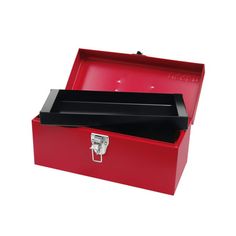 a red box with a black lid and handle on the inside is open to show an empty compartment