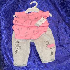 [Nwt] Carter's 3mos Flamingo Onesie & Leggings Set Super-Cute Pink Onesie With An All-Over Flamingo Print (Some Have On Sunglasses, Some Little Crowns, & Butterflies Flying Around- So Adorable!). Little Pink Bow By The Neck & Ruffle Cap Sleeves. 3 Snaps At Bottom. + Little Grey (Long) Pants/Leggings With 2 Flamingos - One On Each Leg. They're Looking At Each Other & Blushing, & The Left One Has 2 Pink Net Pompoms Attached. Absolutely Precious! See Photos For Details & Measurements From Tag. Come Pink Summer Playwear Pants, Pink Cotton Playwear Pants, Pink Cotton Pants For Playtime, Pink Cotton Pants For Playwear, Cute Pink Bottoms For Playtime, Pink Stretch Bottoms For Playtime, Stretch Pink Bottoms For Playtime, Pink Stretch Cotton Sets, Stretch Pink Cotton Sets