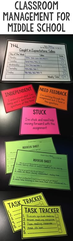 classroom management for middle school with colorful sticky notes on the side and text overlay