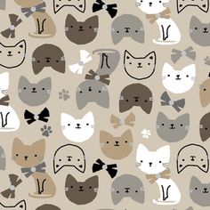 many cats with bows and tails are on a beige background that is very similar to the same pattern