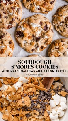 cookies with marshmallows and chocolate chips are shown in the foreground text reads sourdough s'mores cookies with marshmallows brown butter