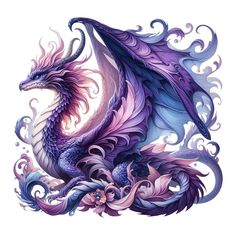 a purple and blue dragon sitting on top of a white background with swirly designs