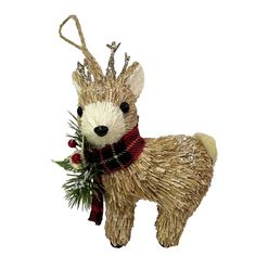 a christmas ornament with a deer wearing a red and white scarf holding a pine branch