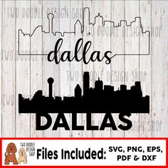 the word dallas is in black and white on a wooden background with a dog sitting next to it