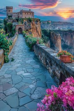 an old castle on top of a cliff with flowers in the foreground and a path leading up to it