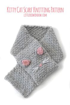 a knitted cat scarf is shown with the words kitty scarf knitting pattern on it