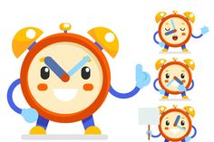 an animated clock character with various expressions and gestures to show the time in different ways