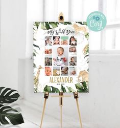 an easel with a photo collager on it next to a potted plant