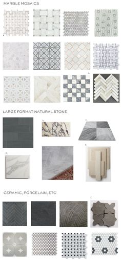 different types of tiles and flooring in various colors, shapes and sizes are shown