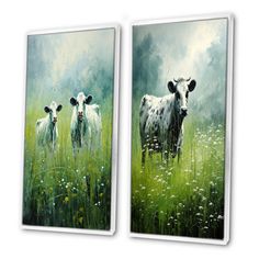 two paintings of cows in a field of green grass with wildflowers on either side