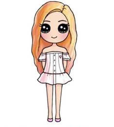 a cartoon girl with long blonde hair wearing a white dress and black eyeliners