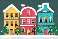 a christmas scene with colorful houses and trees in the snow on a snowy day illustration