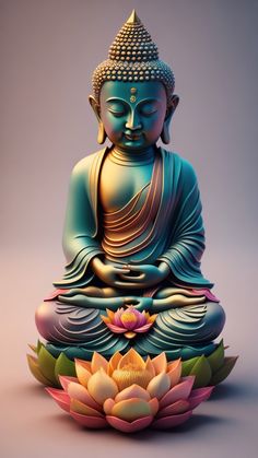 a buddha statue sitting on top of a lotus flower in front of a gray background