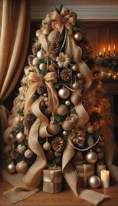 Champagne Ribbon Christmas Tree, Christmas Tree Ideas With Burlap, Chocolate And Gold Christmas Tree, Bows On Christmas Tree Ideas, Brown And Champagne Christmas Tree, Rustic Christmas Tree Ideas 2023 Trends, Christmas Tree Brown And Gold, White Brown Christmas Tree