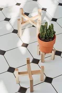 a potted plant sitting on top of a white tiled floor next to wooden blocks