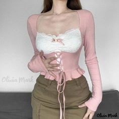 Olivia Mark - Elegant Long Sleeve Blouse with Soft Pink Ruffles and Secure Fastenings Flare Sleeves Pattern, Patchwork Crop Top, Pink Patchwork, Street Clothes, Flare Long Sleeve, Purchase Order, Lace Patchwork, Cropped Tops, Pink Ruffle