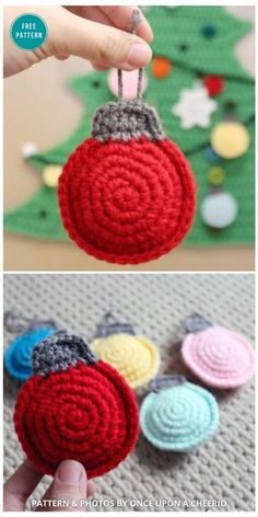 crochet christmas ornament is shown in two different colors and has a hand holding