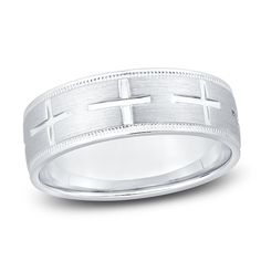 men's wedding band with two crosses in white gold