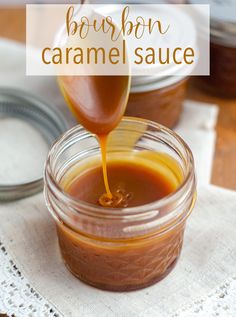 a spoon pouring caramel sauce into a jar