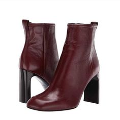 New With Box Color Mahogany Elegant Red Block Heel Boots, Elegant Red Square Toe Boots, Burgundy Leather Ankle Boot Heels, Elegant Red Boots With Block Heel, Elegant Burgundy Ankle-high Boots, Burgundy Ankle-high Leather Heels, Elegant Burgundy Leather Heeled Boots, Maroon Boots, Red Ankle Boots