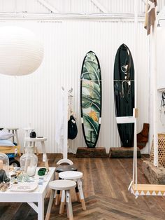 Details from Sibella Court’s latest retail venture, The Society Inc Warehouse in St Peters, Sydney.  Photo – Rachel Kara for The Design Files. Surfboard Storage, Sibella Court, Surfboard Decor, St Peters, Surfboard Design