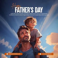 a father's day poster with a man holding his son on his shoulders and the sky in the background