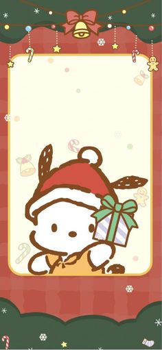 a hello kitty christmas card with a santa hat and bow on it's head