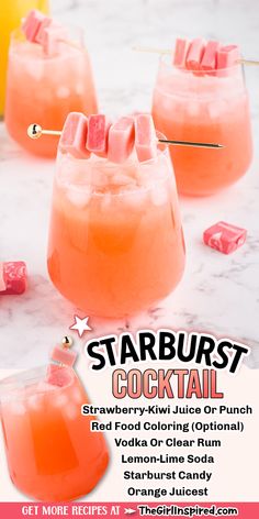 the flyer for starburst cocktail is shown with pink drinks and marshmallows