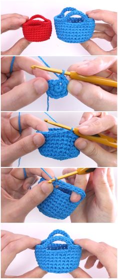 crocheted basket being worked on with scissors and yarn in four different stages to make it look like an ornament