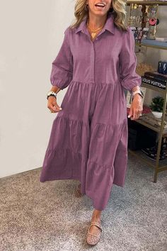 Solid Color Lapel Elastic Cuffs Loose Maxi Dress – roschic Loose Dress Casual, Winter Mini Dresses, Loose Maxi Dress, Collared Shirt Dress, Dress Autumn, Mini Robes, Long Sleeved Shirt, Pleated Maxi Dress