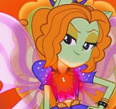 a cartoon fairy with an orange hair and purple dress sitting on top of a flower