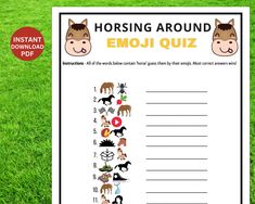 an animal themed worksheet with the words, horse around emoj quiz