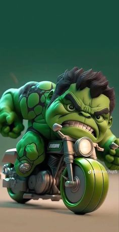 a cartoon character riding on the back of a green motorcycle with an angry griny face