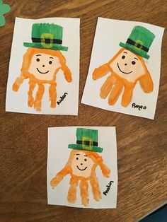 three handprints with green hats and hands on them, one is for st patrick's day