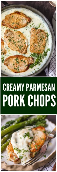 creamy parmesan pork chops with asparagus and cream sauce on top