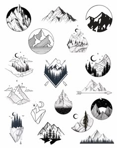 the mountains and trees are drawn in black and white, with different shapes on them