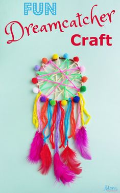 a colorful dream catcher made out of yarn and feathers with the words fun, creatcher craft on it