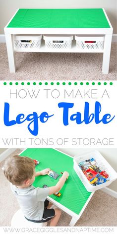 a child playing with lego table and storage bins