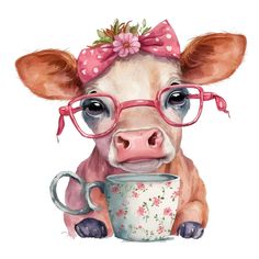 a cow wearing glasses and holding a coffee cup in its mouth with a pink bow on it's head