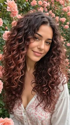 Curly Hair With Rose Gold Highlights, Curly Hair Colouring, Curly Hair Styles And Color, Rose Gold Highlights Dark Blonde, Haircolor Curly Hair Colour, Summer Hair Color For Curly Hair, Hair Color For Natural Curly Hair, Dark Hair With Rose Gold Highlights, Black Hair With Rose Gold Highlights