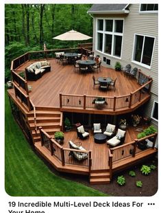 a large deck with furniture and an umbrella