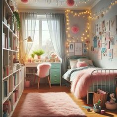 a bedroom with pink fur rugs and lights