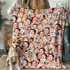 a dog is standing next to a blanket with many faces on it and a woman's face in the background