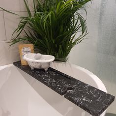 a white bath tub sitting next to a green plant in a bathroom with a black marble counter top